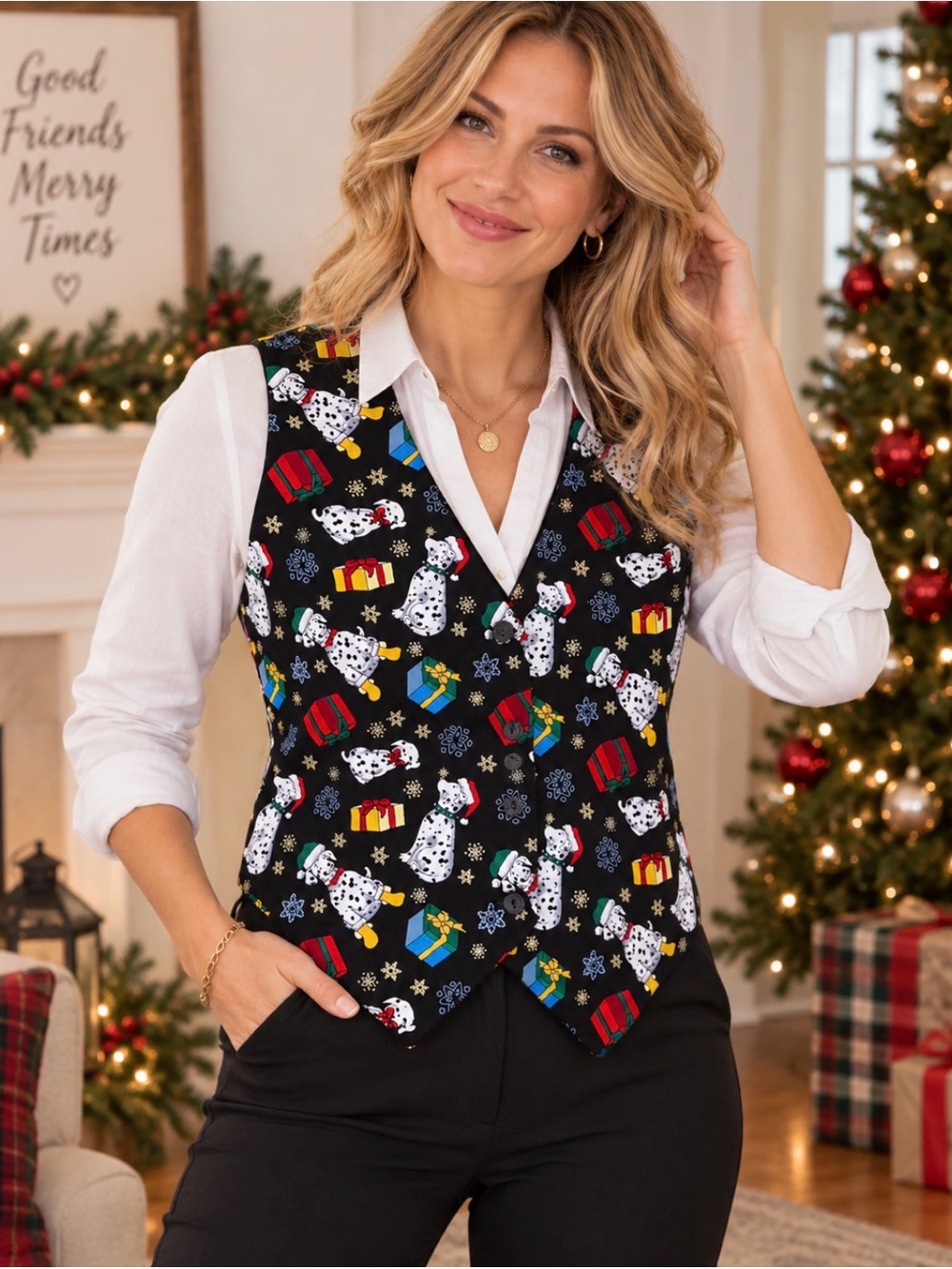 Womens Christmas Holiday Vest Festive Party Dalmations Nutcracker Brand NWT SZ M